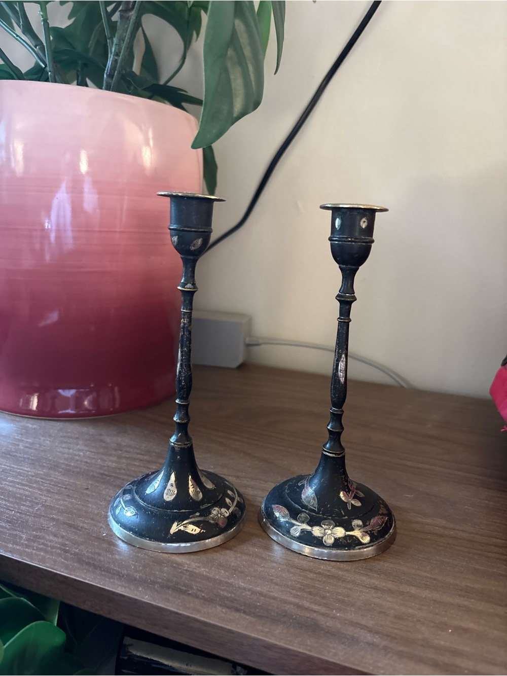 Hand-Painted Black Floral Metal Candlestick Pair